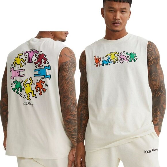 KEITH HARING x H+M‎ 'Dancing Men' Men's Tank Top 2-Sided Graphic T-Shirt men XL - Picture 1 of 10